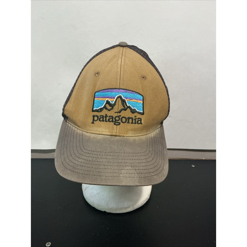 Patagonia Brown and Black Mesh Back Trucker Hat Cap Snapback Logo P6 STAINS
